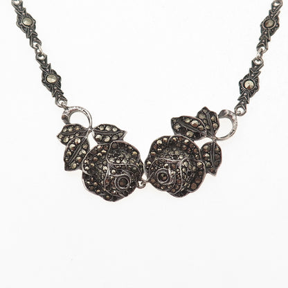 925 Sterling Antique Germany Marcasite Rose Necklace 16" (missing 19 stones)