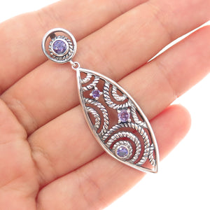 925 Sterling Silver Vintage Real Amethyst Ornate Oxidized Pendant