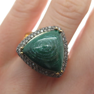 925 Sterling Gold Plated Real Diamond Malachite Ring Size 8.5 (missing 1 stone)