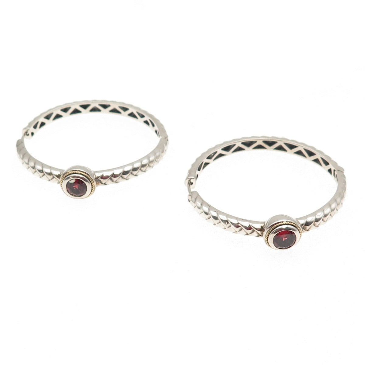 Effy BH 925 Sterling Silver 18K Gold Real Red Garnet Braided Hoop Earrings