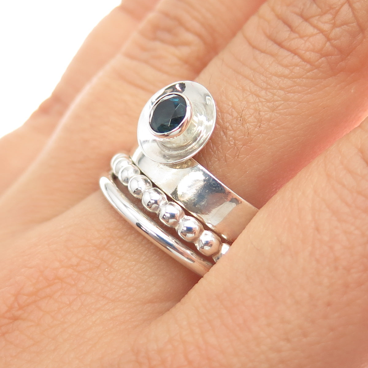 925 Sterling Silver Vintage Real Iolite Modernist Beaded Ring Size 9.5