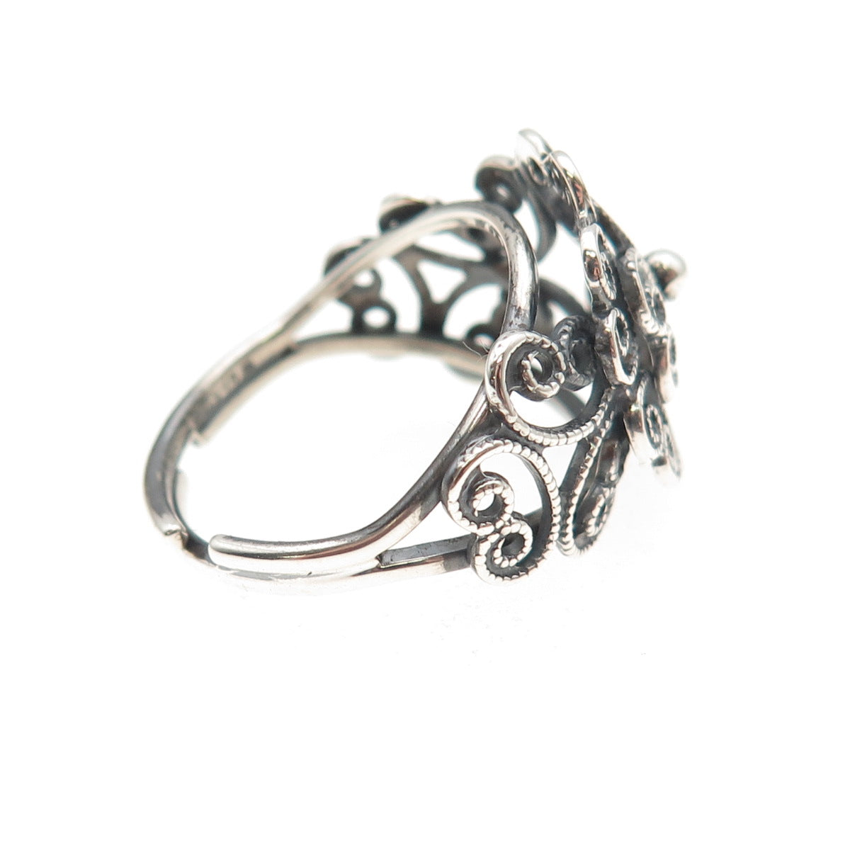 Beau Sterling Silver Antique Art Deco Heart Filigree Adjustable Ring Size 6.25