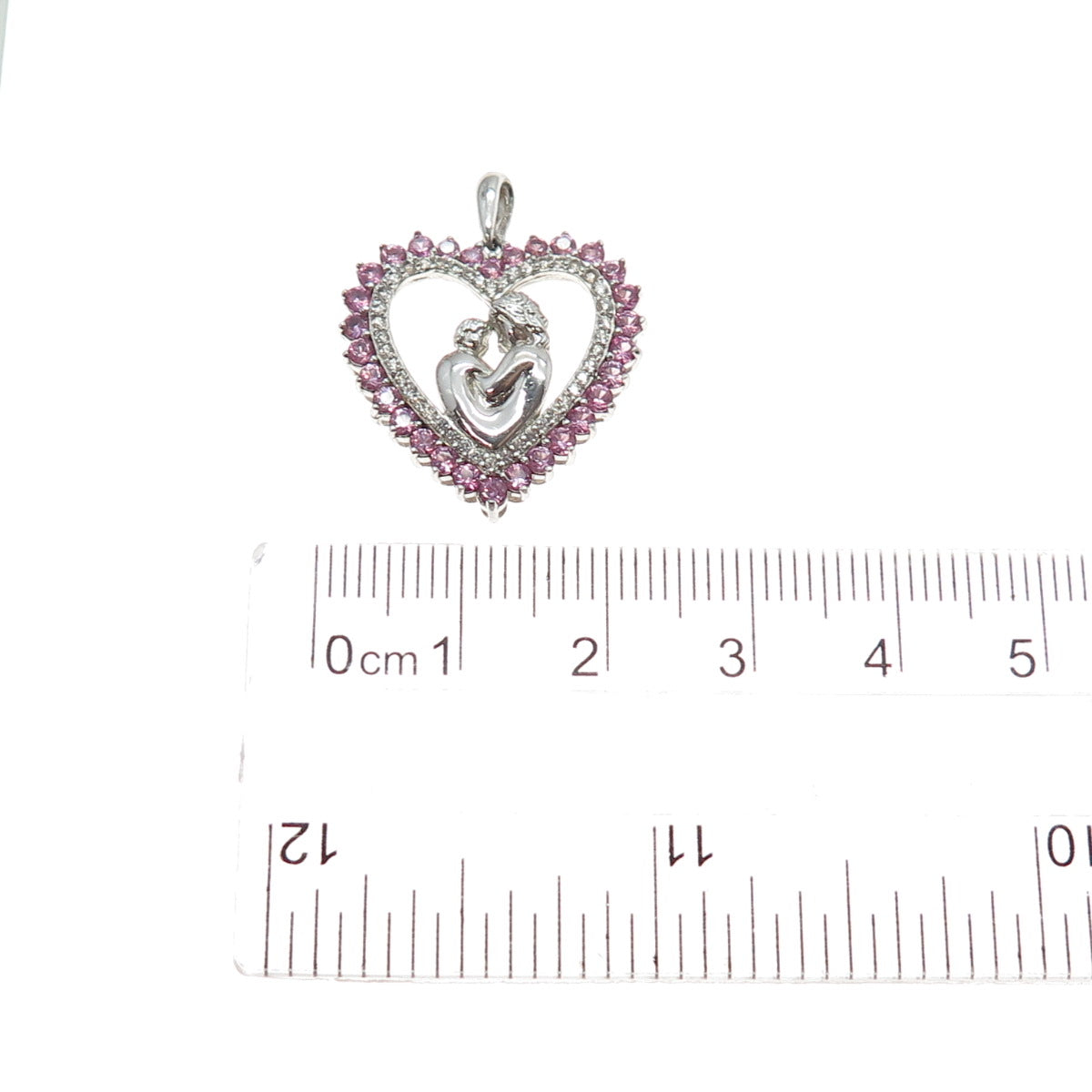 925 Sterling Silver Real Pink & White Topaz Mom Child Heart Mini Charm Pendant