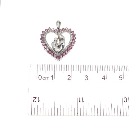925 Sterling Silver Real Pink & White Topaz Mom Child Heart Mini Charm Pendant