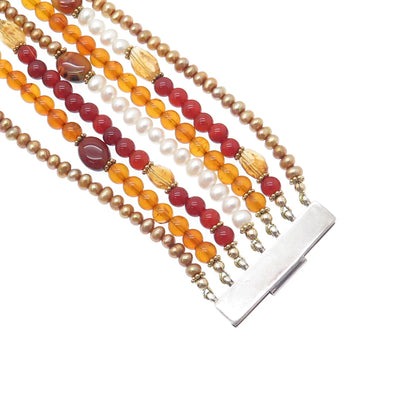 925 Sterling Vintage Jasper Pearl Citrine Carnelian Amber Beaded Bracelet 6.5"