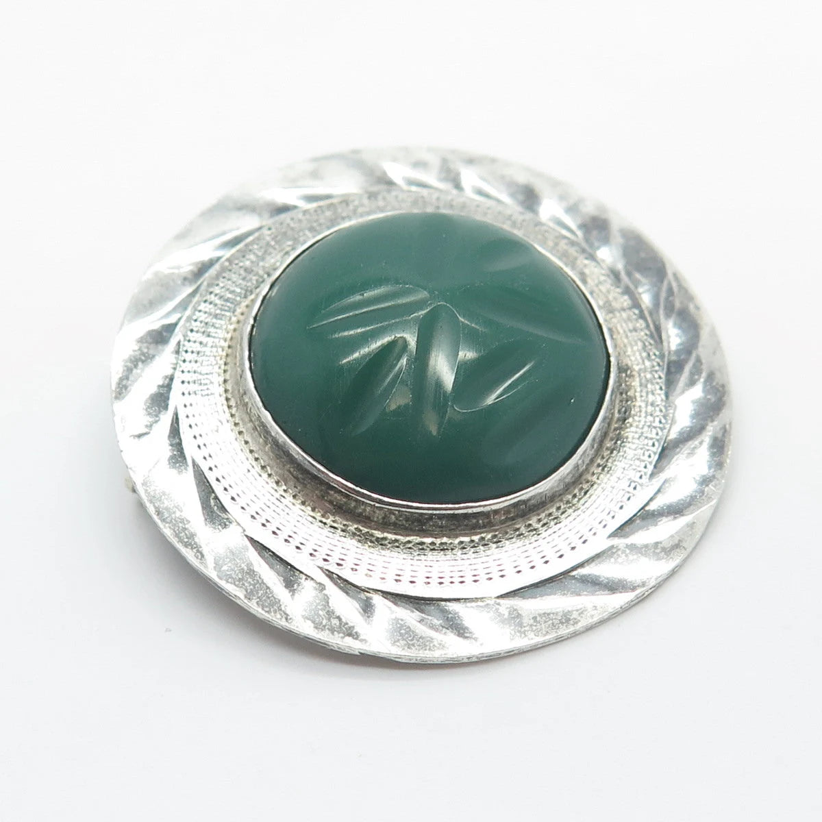 925 Sterling Silver Vintage Mexico Real Green Onyx Gemstone Pin Brooch / Pendant
