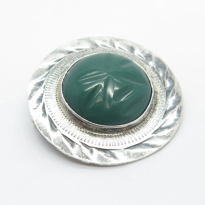 925 Sterling Silver Vintage Mexico Real Green Onyx Gemstone Pin Brooch / Pendant