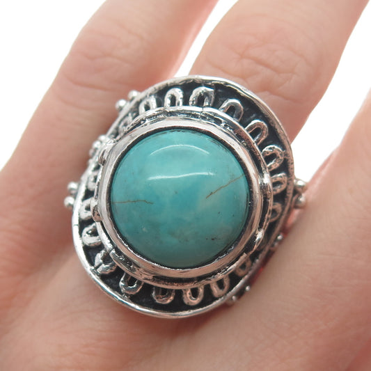 925 Sterling Silver Vintage Real Mountain Turquoise Sun Oxidized Ring Size 10.25