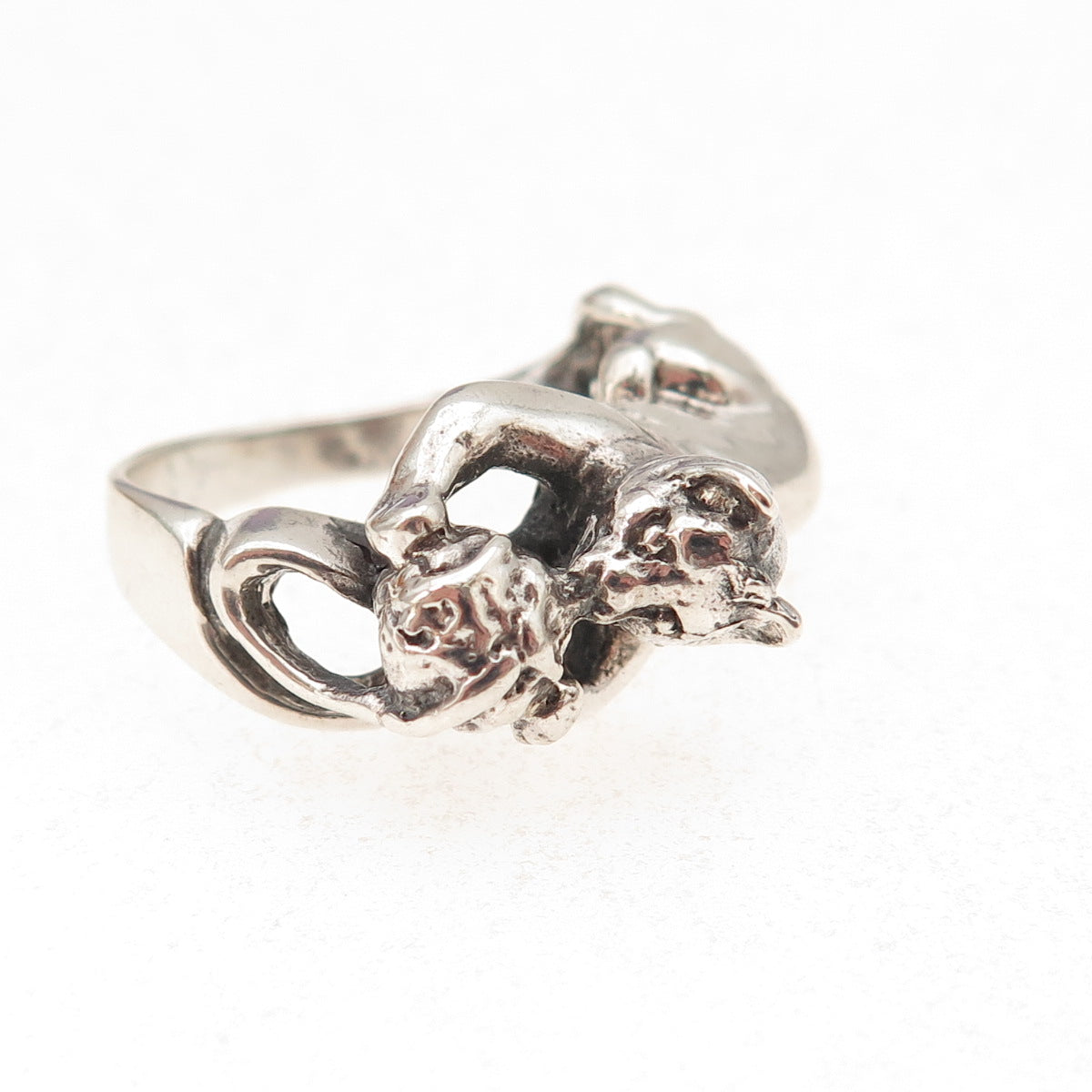 925 Sterling Silver Vintage Cat & Ball Oxidized Ring Size 6