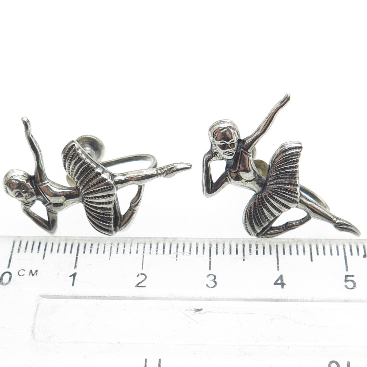 BEAU 925 Sterling Silver Antique Art Deco Ballerina Screw Back Oxidized Earrings