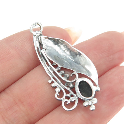 925 Sterling Silver Vintage Real Black Onyx Gemstone Grape Leaf Pendant