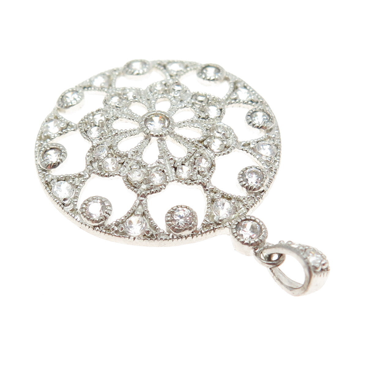 925 Sterling Silver Round-Cut C Z Flower Ornate Pendant