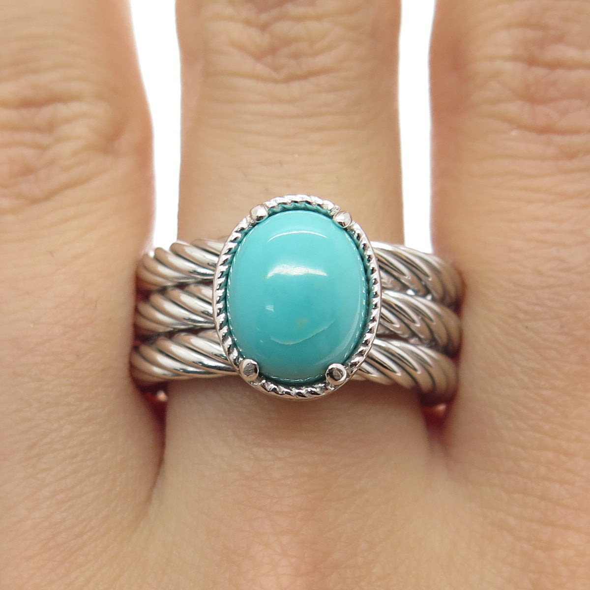 925 Sterling Silver Italy Sleeping Beauty Turquoise Gem Twisted Ring Size 6.25