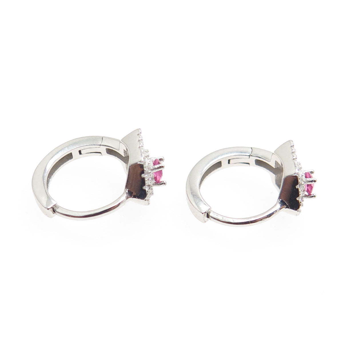 925 Sterling Silver Pink Heart-Cut & White Round-Cut Shaped C Z Hoop Earrings