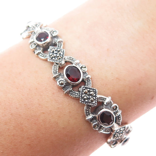 925 Sterling Silver Vintage Red Garnet Marcasite Bracelet 7.5" (missing 1 stone)