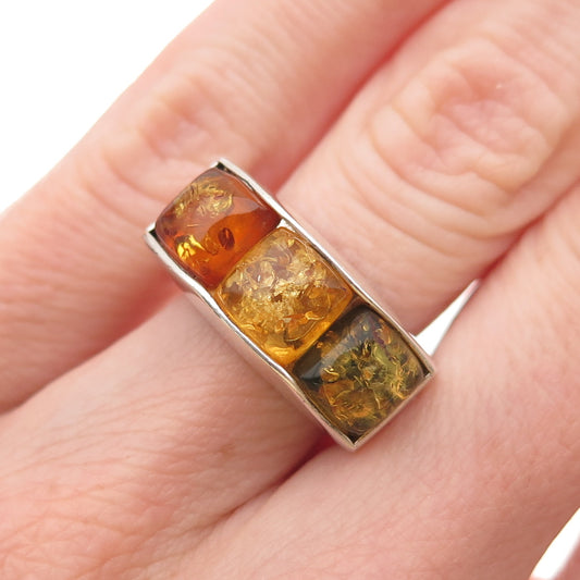 Valerio V-8 925 Sterling Silver Vintage Poland Real Amber Ring Size 6
