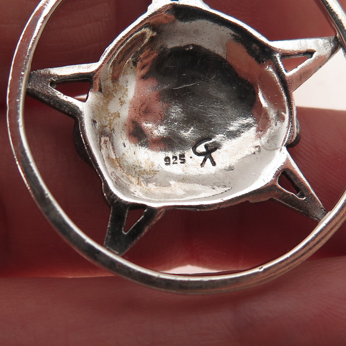 925 Sterling Silver Vintage Pentagram Floral Globe Oxidized Pendant