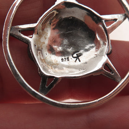 925 Sterling Silver Vintage Pentagram Floral Globe Oxidized Pendant