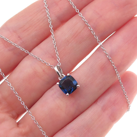 925 Sterling Silver Cushion-Cut Blue C Z Cable Chain Necklace 18"