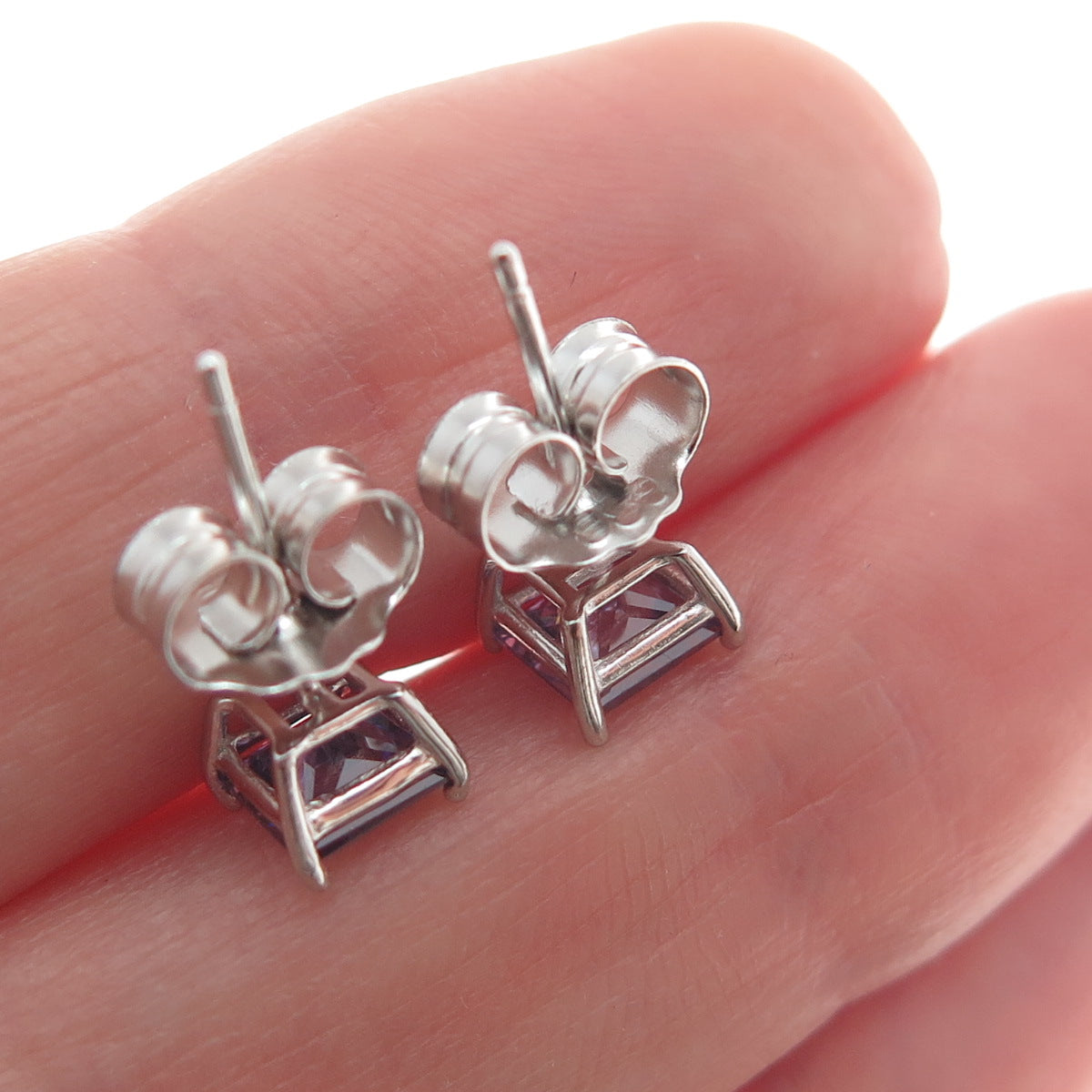 925 Sterling Silver Princess-Cut Purple C Z Stud Earrings