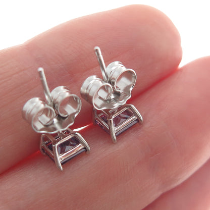 925 Sterling Silver Princess-Cut Purple C Z Stud Earrings