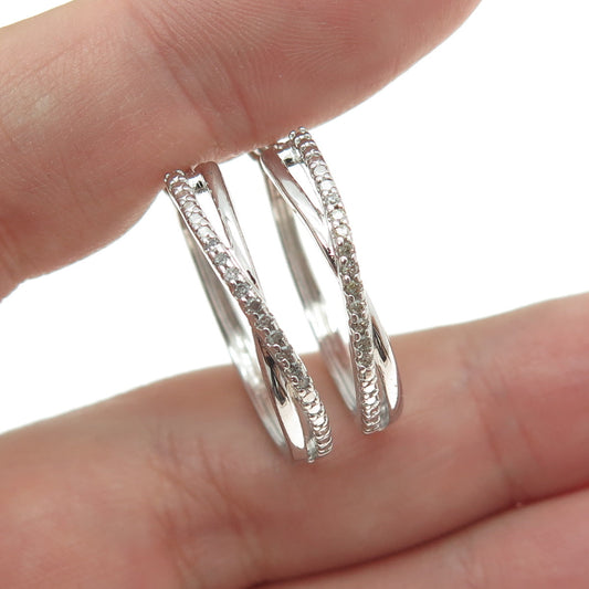 SUN 925 Sterling Silver Real Round-Cut Diamond Crisscross Hoop Earrings