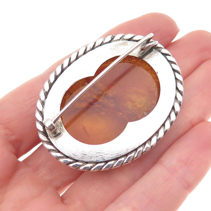 925 Sterling Silver Vintage Real Cabochon Amber Oxidized Pin Brooch