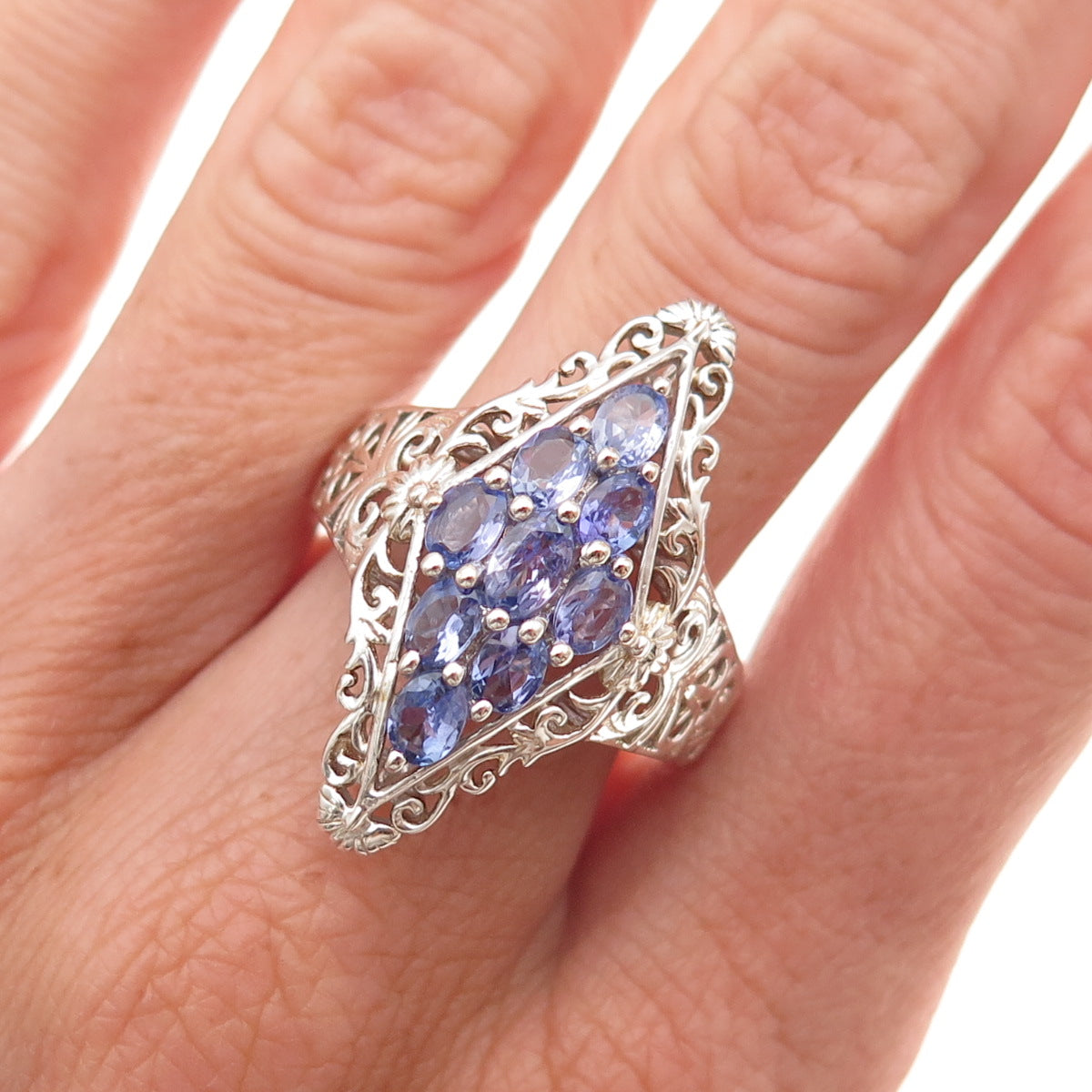 Chuck Clemency 925 Sterling Silver Real Tanzanite Floral Ring Size 8.25