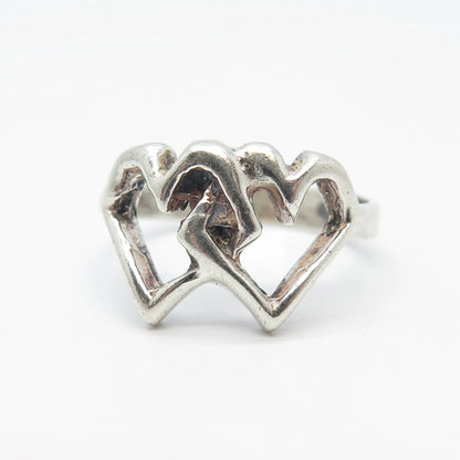925 Sterling Silver Vintage Double Heart Oxidized Ring Size 7