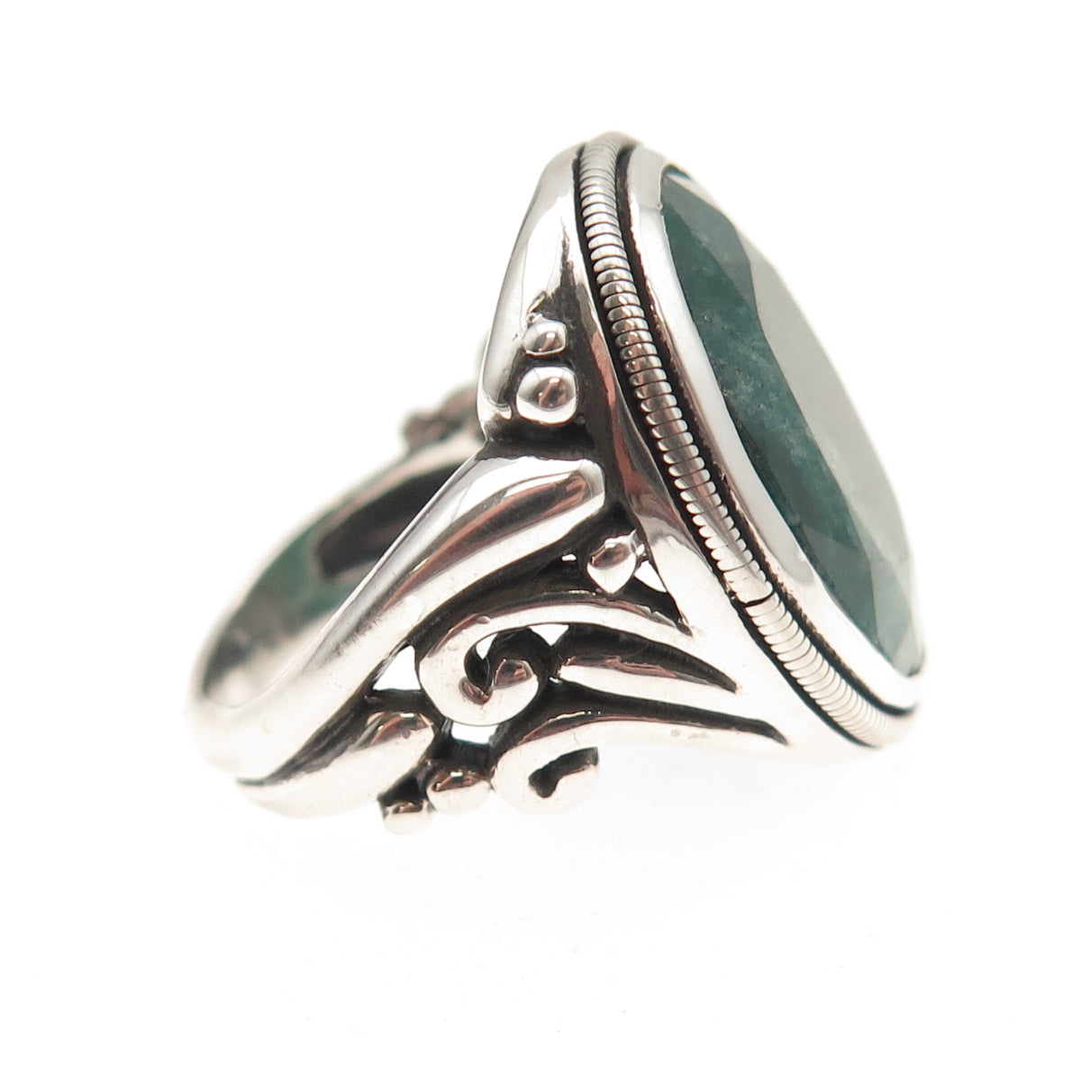 925 Sterling Silver Vintage Real Emerald Modernist Oxidized Ring Size 5.75