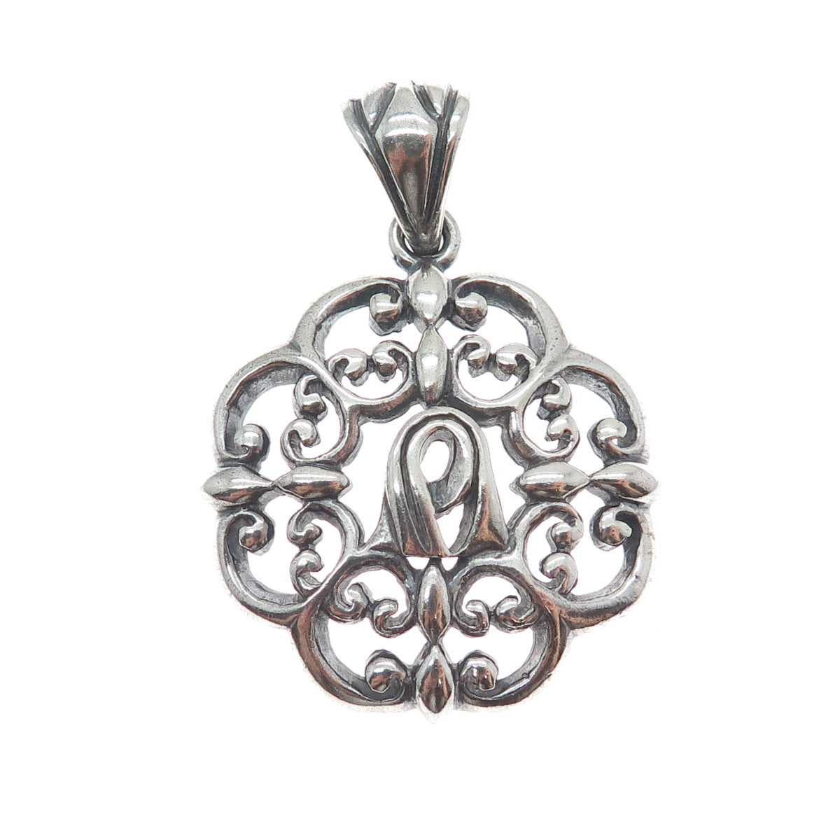 925 Sterling Silver Vintage Ornate Floral Oxidized Pendant