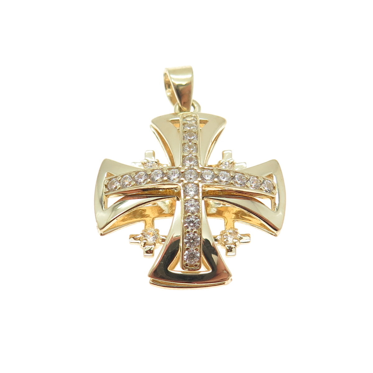 14K Yellow Gold Round-Cut C Z Jerusalem Cross Religious Charm Pendant