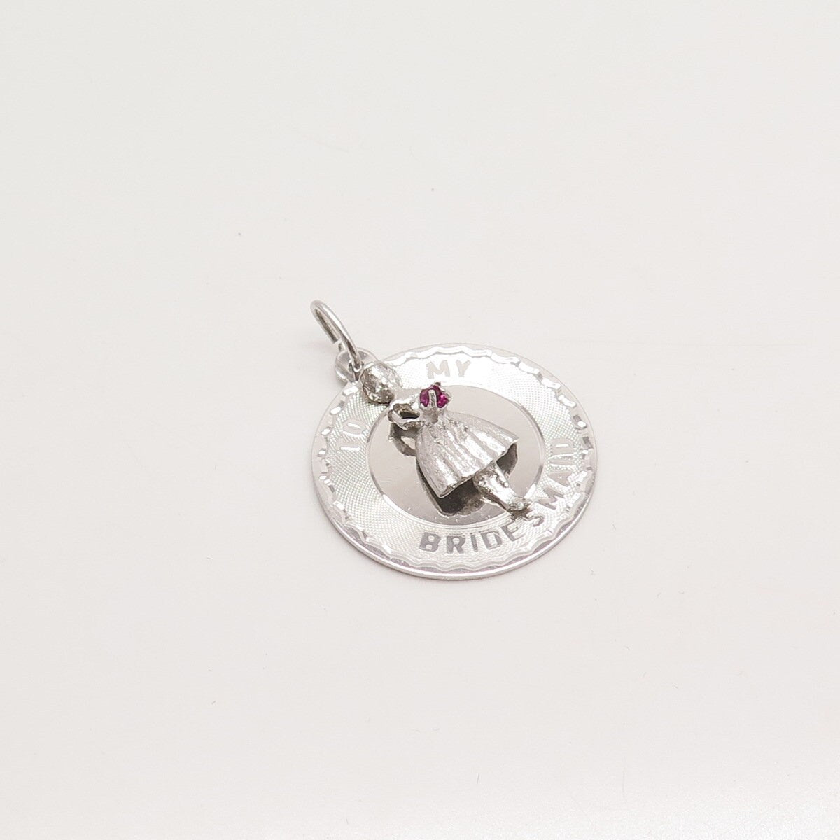 925 Sterling Silver Vintage Pink C Z "To My Bridesmaid" Round Pendant