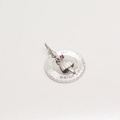 925 Sterling Silver Vintage Pink C Z "To My Bridesmaid" Round Pendant