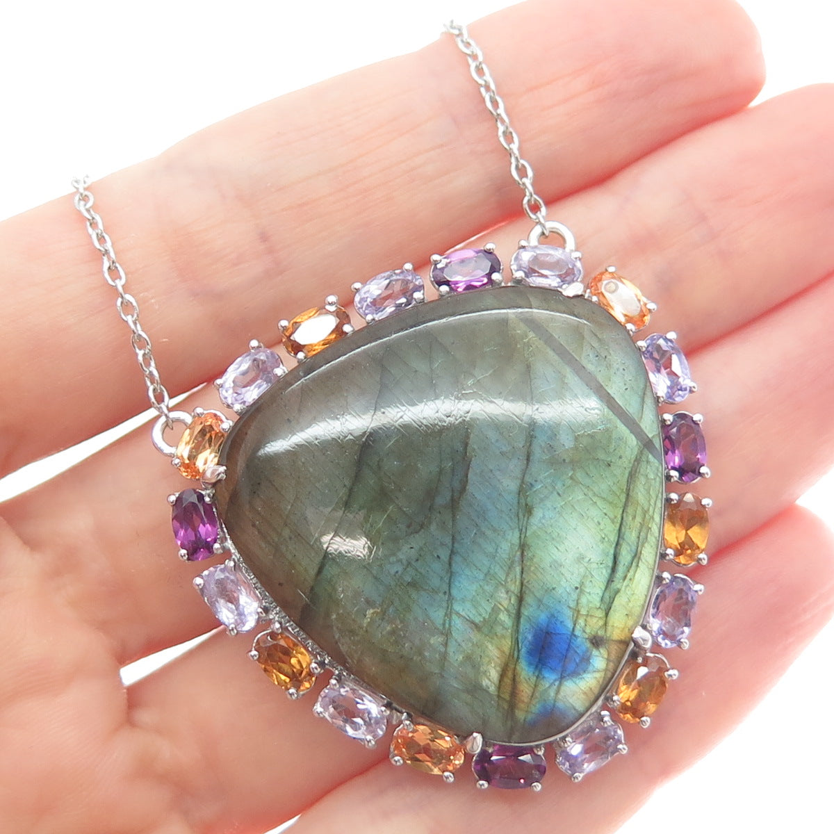 925 Sterling Silver Real Labradorite Tourmaline Citrine Amethyst Necklace 18-20"