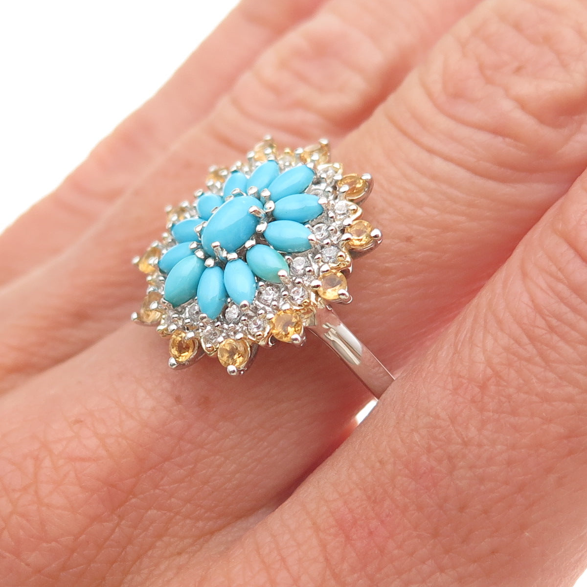 Chuck Clemency Sterling Silver Real Turquoise White Topaz & Citrine Ring Size 8