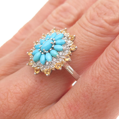 Chuck Clemency Sterling Silver Real Turquoise White Topaz & Citrine Ring Size 8