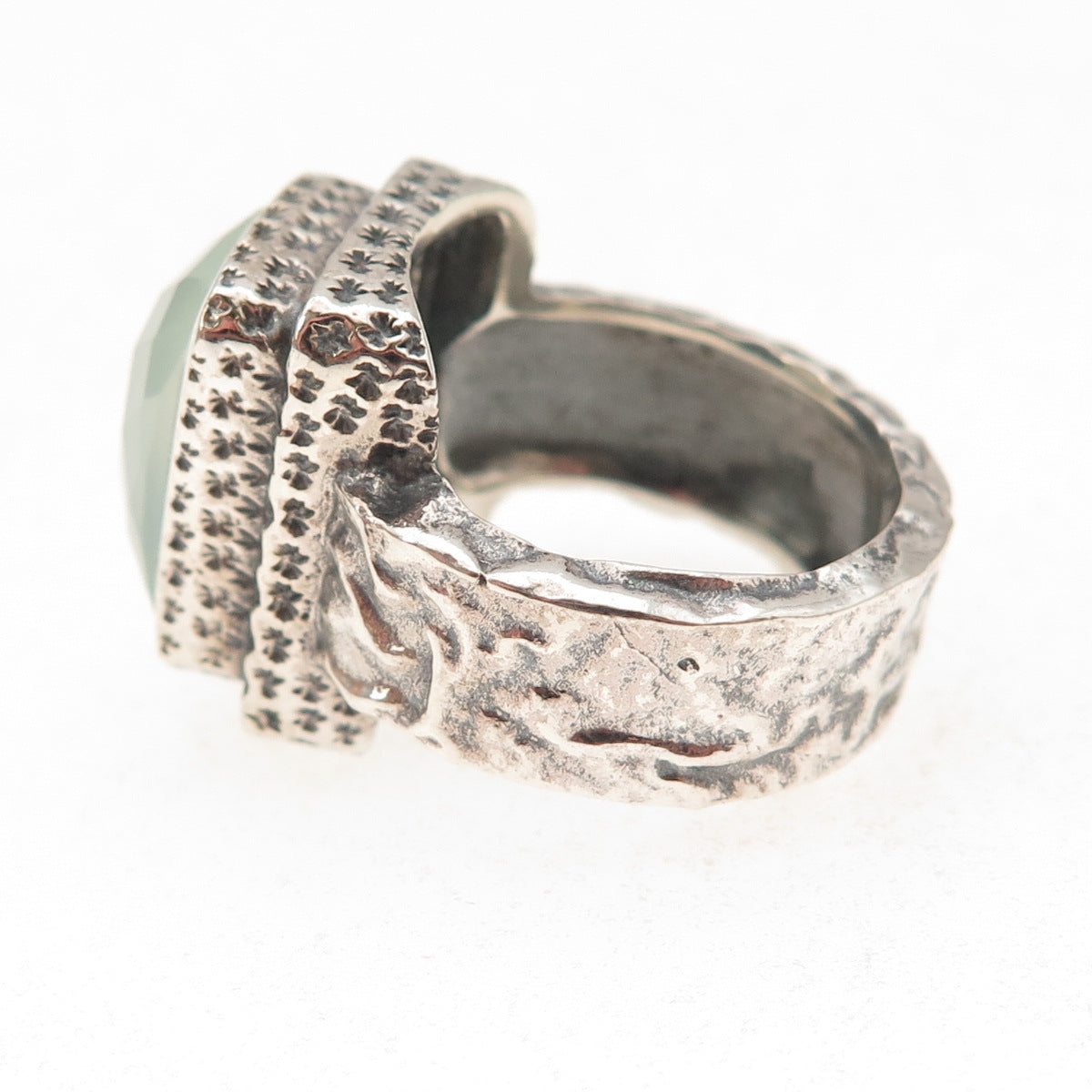 925 Sterling Silver Vintage Real Chalcedony Modernist Oxidized Ring Size 7.5