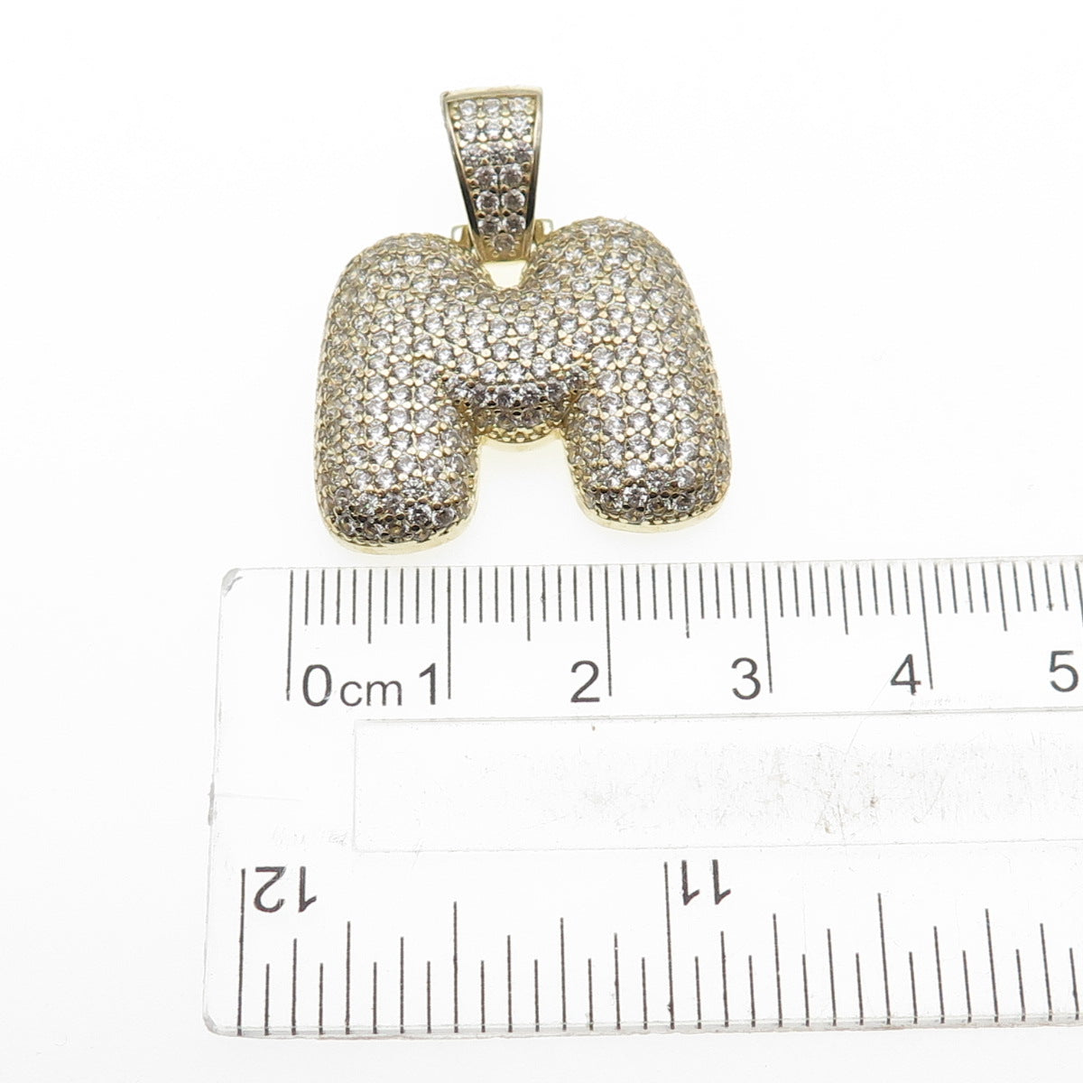 925 Sterling Silver Gold Plated Round-Cut C Z Letter M Initial Pendant
