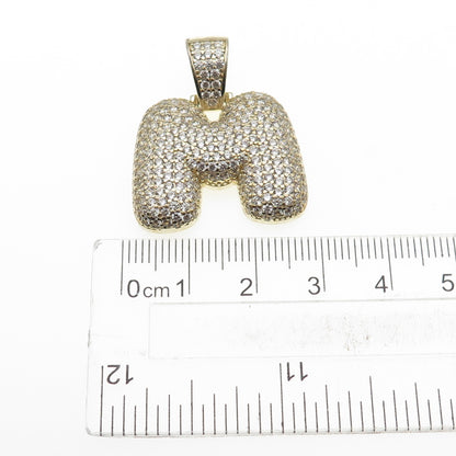 925 Sterling Silver Gold Plated Round-Cut C Z Letter M Initial Pendant