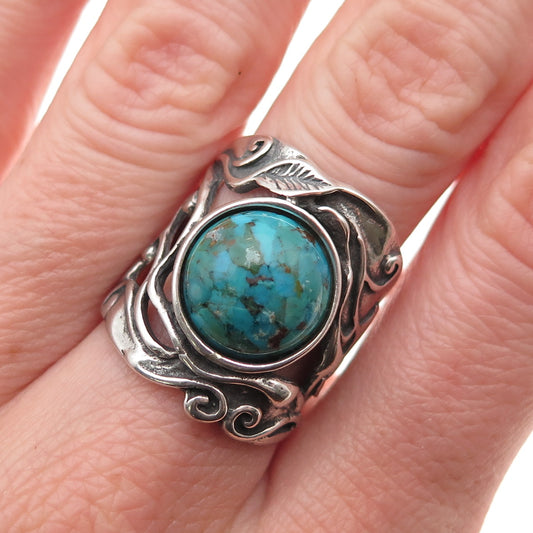 Didae Sterling Silver Vintage Israel Real Turquoise Floral Oxidized Ring Size 7