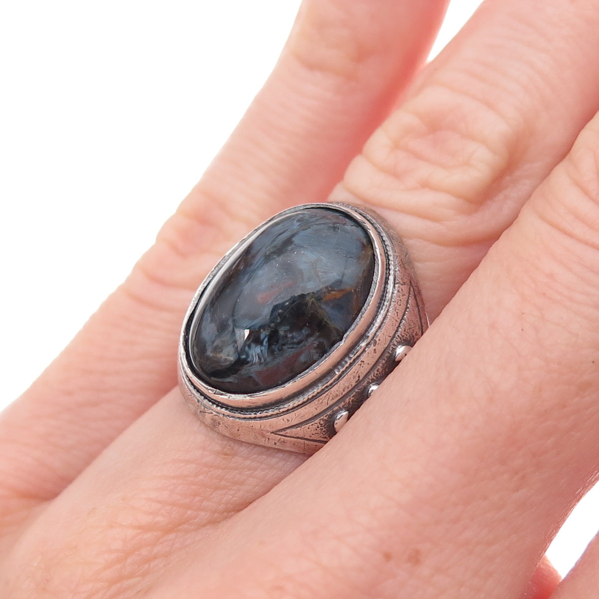 925 Sterling Silver Antique Art Deco Real Black Tiger Eye Oxidized Ring Size 6