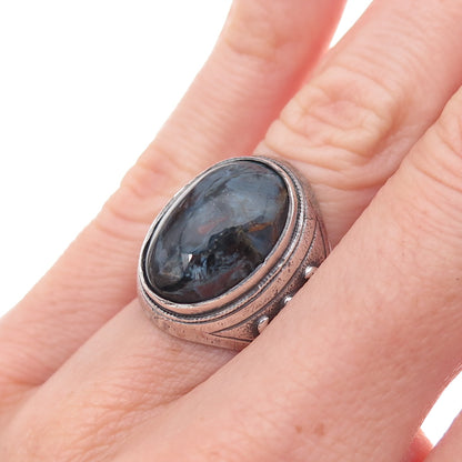 925 Sterling Silver Antique Art Deco Real Black Tiger Eye Oxidized Ring Size 6