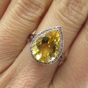 DSMK 925 Sterling Silver White Diamond & Pear-Cut Citrine Gem Ring Size 7.25