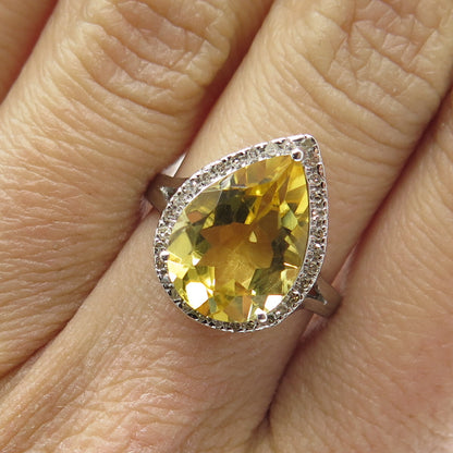 DSMK 925 Sterling Silver White Diamond & Pear-Cut Citrine Gem Ring Size 7.25