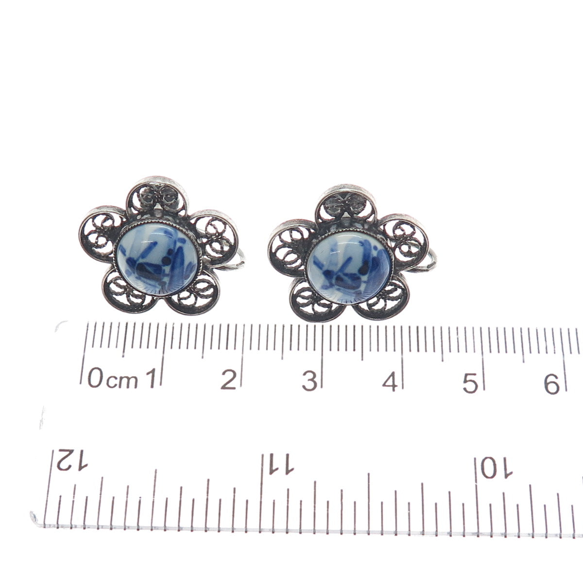 DELFT 835 Silver Vintage Netherlands Ceramic Old Windmill Screw Back Earrings