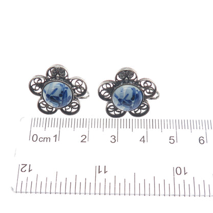 DELFT 835 Silver Vintage Netherlands Ceramic Old Windmill Screw Back Earrings
