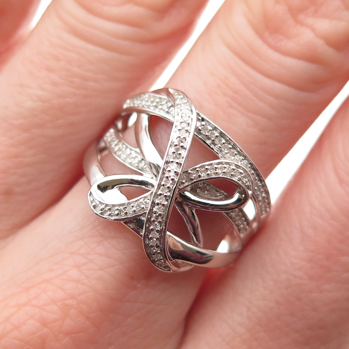 925 Sterling Silver Real Round-Cut Diamond Butterfly Ring Size 8