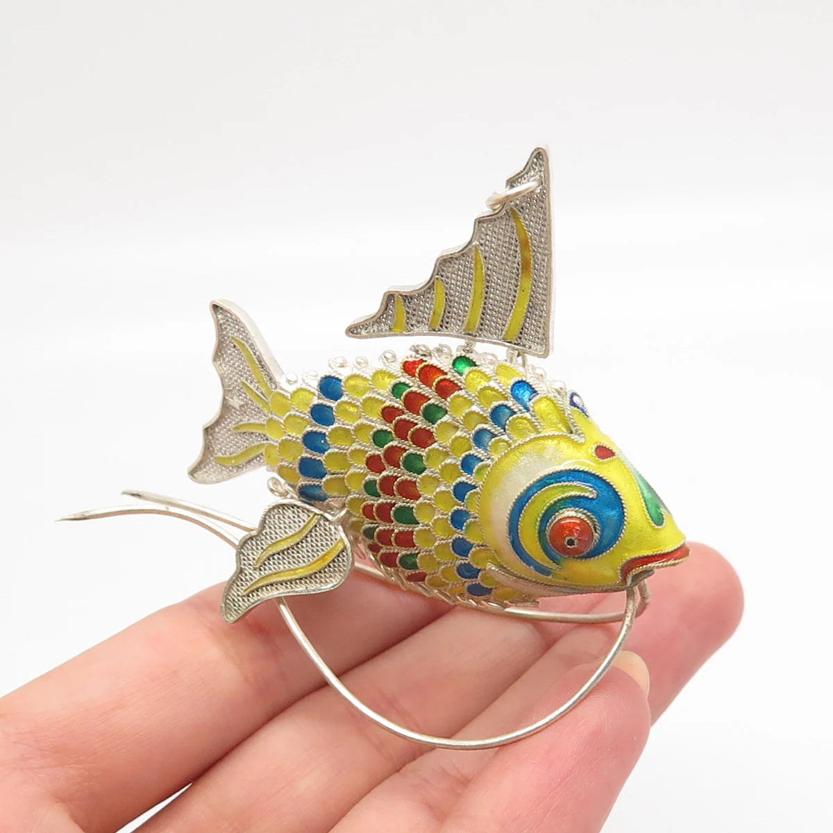 925 Sterling Silver Antique Enamel Chinese Koi Fish Articulated Chatelaine Fob