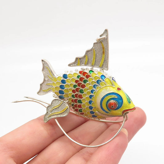 925 Sterling Silver Antique Enamel Chinese Koi Fish Articulated Chatelaine Fob